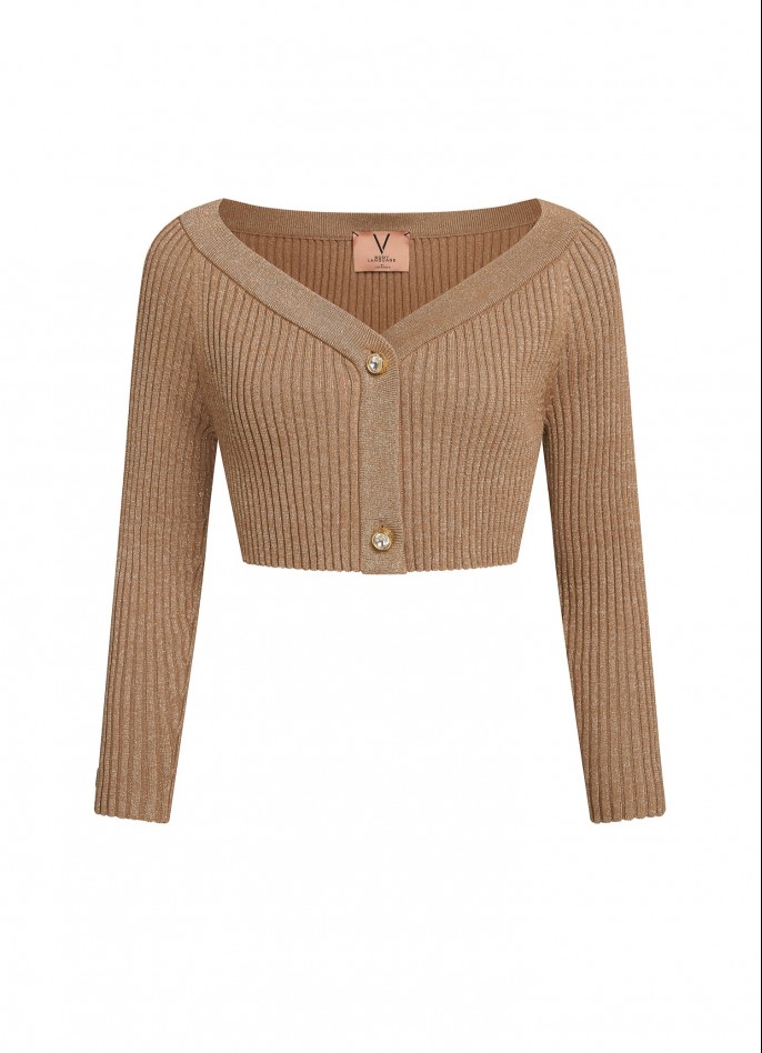 RIBBED KNIT 3/4 SLEEVE CROP CARDIGAN WITH DIAMANTÉ BUTTONS - GOLD
